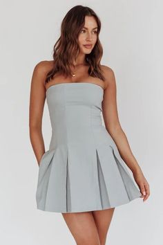 Shop the Jeziah Strapless Box Pleat Mini Dress Light Denim | Selfie Leslie Dc Outfits, Box Pleated Dress, Mini Dress Strapless, Fallen In Love, Pleated Mini Dress, Grey Dress, Princess Seams, Iron Material, Box Pleats