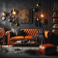 a living room filled with furniture and lots of books on the wall above it is a brown leather couch surrounded by black walls