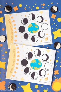 two moon phases stickers on top of each other with stars and crescents around them