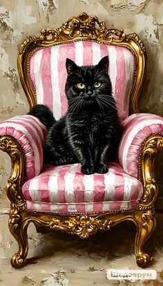 a black cat sitting on top of a pink and white striped chair next to a wall