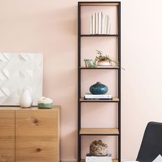 a living room with pink walls and black shelving unit next to a cat sitting on a chair