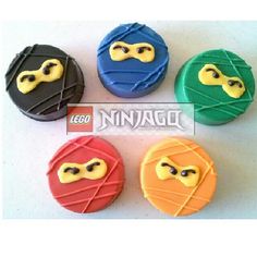 lego ninja face cookies are shown in four different colors