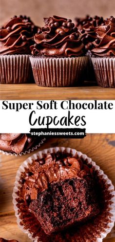 chocolate cupcakes with the words super soft chocolate cupcakes on top and bottom