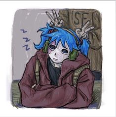 a drawing of a person with blue hair and headphones sitting in front of a sign