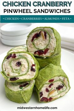 chicken cranberry pinwheel sandwiches on a plate with text overlay that reads chicken cranberry pinwheel sandwiches