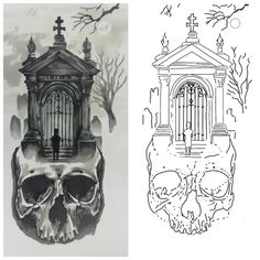 a drawing of a skull with a cage in it's head and another drawing of a birdcage behind it