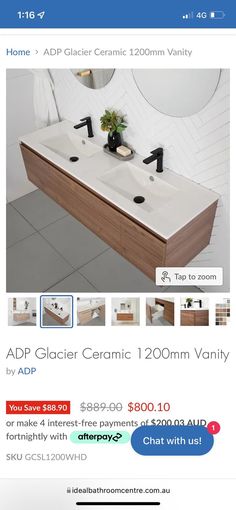 an ad for a bathroom vanity with two sinks