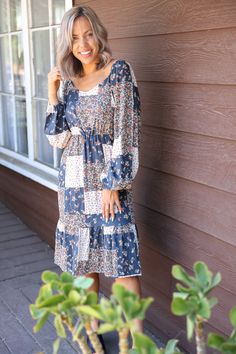 Step into Fall in style with this stunning ditzy floral patchwork midi dress. Made from a lightweight fabric this dress features a V-neck, long raglan bubble sleeves, elastic waist, ruffle hem and side pockets. Material & Care 100% Rayon Hand Wash Cold, Inside Out Hang Dry Imported Some Stretch Colors: Denim Blue Size & Fit S 2-6, M 8-10, L 12-14, 1X 16-18, 2X 20-22, 3X 24-26 True to Size Amber is 5'5 wearing size Small Janice is 5'3 wearing size Large MaryAnne is 5'11 wearing size 1X Measuremen Swim Jewelry, Floral Patchwork, Graphic Tee Dress, Summer Swim, Chic Boutique, Tee Dress, Dress Romper, Denim Blue, Ruffle Hem