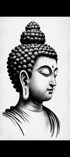 a black and white drawing of a buddha head with lots of circles on it's forehead