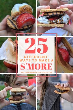 a collage of photos with the words 25 different ways to make a s'more