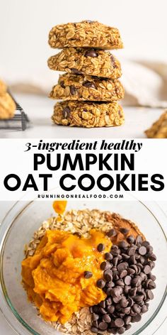 pumpkin oat cookies stacked on top of each other with chocolate chips in the middle