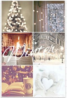 a collage of photos with the words winter written in white and surrounded by snowflakes