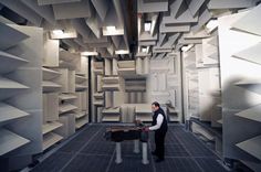 a man standing in a room with lots of shelves