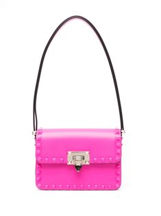 Pink PP leather smooth grain signature Rockstud detailing platinum-plated hardware adjustable shoulder strap foldover top hook fastening partitioned compartment internal slip pocket Pink Shoulder Bags, Shoulder Bag Pink, Chanel 2, Black Shoulder Bag, Small Shoulder Bag, Ballet Flat Shoes, Pink Bag, Valentino Garavani, Mini Bag