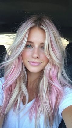 What To Do With Blonde Hair Ideas Colour, Blonde Hair With Pale Pink Highlights, Rooted Hair Color, Cute Hairstyles Dyed Hair, Pink Hair Accents, Light Pink Money Piece Hair Blonde, Pink Pieces In Hair, Blonde Pastel Pink Hair