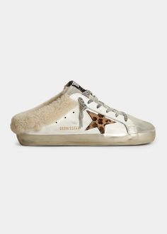 Golden goose leather slide-on sneakers with shearling lining. Signature contrast star at side Flat heel Round toe Lace-up vamp Slide style Logo patch at tongue Shearling lining Signature stained rubber sole Made in Italy Sole Sisters, Slide On Sneakers, Golden Goose Superstar, Preppy Shoes, Shoe Inspo, Leather Slides, Golden Goose, Bergdorf Goodman, Golden Goose Sneaker