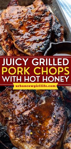 Got some bone-in pork chops? Give this quick and easy dinner idea a try! It's ready in under 30 minutes. Paired with hot honey butter, these, tender, juicy grilled pork chops are to die for! Save this main course recipe! Hot Honey Butter, Honey Glazed Pork Chops, Hot Honey Sauce, Barbecue Pork Chops, Pork Chops Bone In, Honey Pork Chops, Grilling Recipes Pork