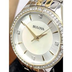 Bulova Women's Watch 98l273 Mother Of Pearl Dial Crystal Accent Two Tone Steel (K4654) Pre-Owned. Runs Great. Has A Slight Wear (See Photos) Sold Without Box Or Booklet Band Fits Up To Apx 7.25'' Inches Wrist Size (Please Make Sure It Is The Right Size For You, No Extra Links) Case Is Apx 32mm (Excluding The Crown) Please Email With Any Questions And Check Out Our Other Items Band Fits, Women's Watch, The Crown, Accessories Watches, Mother Of Pearl, Womens Watches, Silver Gold, Two Tone, Crown