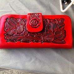 Stunning Red Floral Leather Cowboy Wallet New With Tags Vintage Red Bifold Wallet, Red Vintage Bifold Wallet, Red Vintage Leather Wallets, Red Leather Clutch Coin Purse, Red Rectangular Clutch With Interior Card Slots, Rectangular Red Clutch With Interior Card Slots, Red Leather Bifold Coin Purse, Red Rectangular Coin Purse With Card Slots, Red Rectangular Coin Purse With Interior Card Slots