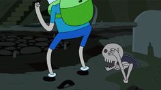 a cartoon character is standing in front of a skeleton and looking at the ground with his hand up