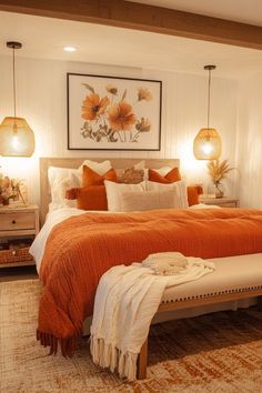 Orange And White Bedroom Ideas, Aesthetic Orange Bedroom, Orange And Tan Bedroom, Orange Room Decor Ideas Bedrooms, Beige And Orange Bedroom, Orange Master Bedrooms Decor, Orange Accent Bedroom, Orange And Cream Bedroom, Neutral Room With Pop Of Color