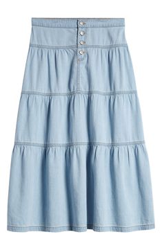 This lightweight chambray skirt with a tiered silhouette gives off sweet prairie vibes. Front button closure Unlined 55% cotton, 45% lyocell Machine wash, tumble dry Imported Fire Kids, Chambray Skirt, Love Fire, Chambray, Maxi Skirt, Nordstrom, Skirt