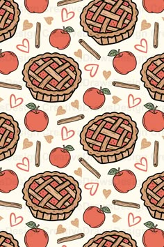 an apple pie and two apples on a white background with hearts, sticks and pencils