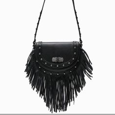 Black Fringe Leather Crossbody Bag - New Chic Fringe Crossbody Shoulder Bag, Evening Black Crossbody Saddle Bag, Black Flap Shoulder Bag As Fashion Accessory, Black Shoulder Bag With Metal Hardware For Night Out, Black Crossbody Bag As Fashion Accessory, Black Fringe Shoulder Bag For Travel, Black Crossbody Saddle Bag With Metal Hardware, Chic Black Saddle Bag With Metal Hardware, Black Crossbody Satchel