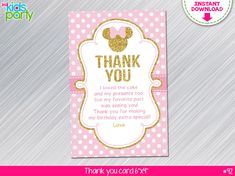 a pink and gold minnie mouse thank card with the words, thank you on it