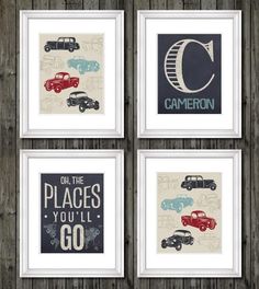 four framed pictures with cars and hot air balloons in them on a wooden wall,