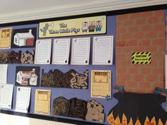 a bulletin board with pictures and writing on it in front of a brick wall that has fire safety signs attached to it