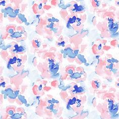 a pink and blue flower pattern on a white background with watercolor paint splashes