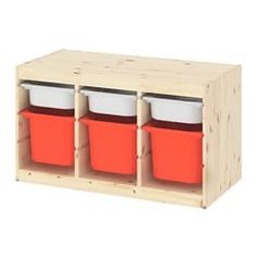 three red and white buckets are in a wooden storage unit with dividers on the sides