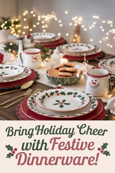 a christmas dinner table with plates and cups