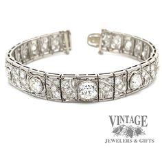 This sparkling vintage, circa 1900's, Edwardian diamond link bracelet is masterfully crafted in platinum. The bracelet contains ten large center diamonds, the center of which is an Old Mine Cut (OMC), flanked by the other nine larger Old European Cut (OEC) diamonds. The center OMC diamond is approx 1.35 carats and is an H color VS1 clarity. The two larger of the flanking diamonds are approximately 3/4 carats each, while the remaining 7 larger diamonds are approximately 1/4 carat each. Finally, e Art Deco Diamond, Link Bracelets, Diamond Bracelet, Diamond Cuts, Silver Bracelet, Platinum, Two By Two, Diamonds, Bracelet