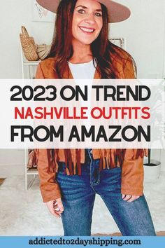 a woman wearing a cowboy hat with the words, 2020 on trend nashville outfits from amazon