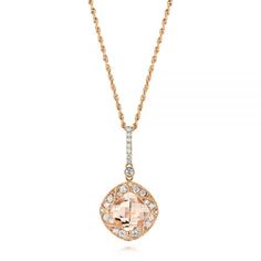 Morganite and Diamond Pendant - Three-Quarter View - 103751 - Thumbnail Formal Rose Gold Cushion Cut Jewelry, Rose Gold Cushion Cut Diamond Jewelry, Elegant Cushion Cut Rose Gold Jewelry, Elegant Rose Gold Cushion Cut Jewelry, Cushion Cut Rose Gold Jewelry With Diamond Accents, Rose Gold Cushion Cut Jewelry With Diamond Accents, Filigree Pattern, Pink Morganite, Rose Gold Pendant