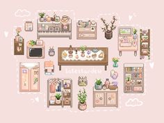 the living room is filled with furniture and plants in pixel art style, including an old fashioned