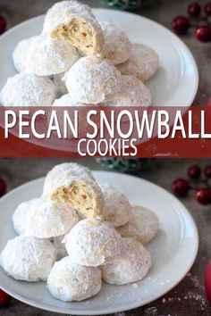 two white plates with snowball cookies on them