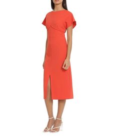 Donna Morgan Stretch Crew Jewel Neckline Short Sleeve V Back Midi Dress | Dillard's Flattering Short Sleeve Elastane Midi Dress, Flattering Short Sleeve Midi Dress, Flattering Short-sleeved Elastane Midi Dress, Fitted Midi Dress With Side Slits And Short Sleeves, Party Midi Dress With Side Slits And Short Sleeves, Jewel Neckline, Midi Short Sleeve Dress, Stretch Crepe, Dillard's