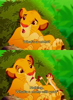 the lion king and his cub are sitting in front of some leaves, one saying what's a moto?