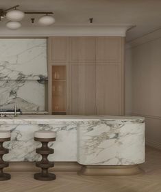 a kitchen with marble counter tops and stools