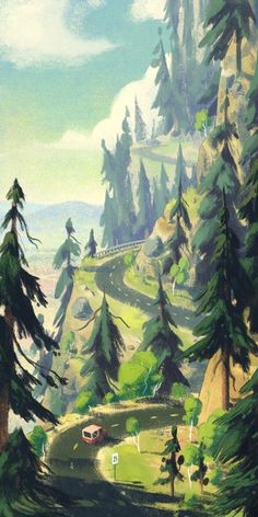 an image of a painting of a mountain scene with cars driving on the road and trees in the foreground