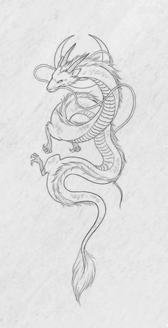 a black and white drawing of a dragon with its tail curled up in the air