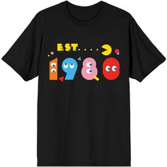 Go retro and hit the arcade with this Pacman Classic tee. The shirt features the Pacman swallowing dots that connect to the word, "Est," in yellow. Below the ghosts take the form of numbers and spell out 1980. The tee comes in a black short sleeve crew neck and makes a great gift for Pacman fans. Man Shirt, Pac Man, Boys Clothes, Man Birthday, Pattern Graphic, Level Up, Black Shorts, Mens Tees, Birthday Ideas