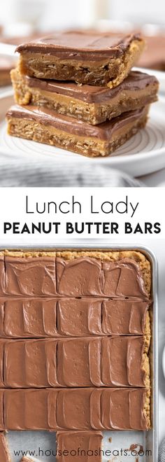 the peanut butter bars are stacked on top of each other and ready to be eaten