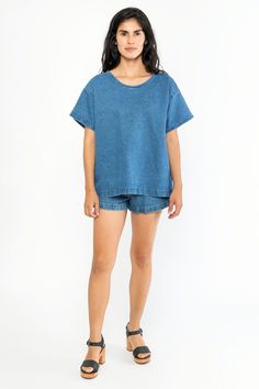 The Denim T-Shirt is constructed out of 10 oz denim and then dyed and treated with enzymes for a slight softening effect. The result is a workwear-inspired piece that’s functional and perfect in its simplicity. Features a slightly oversized, boxy fit with side seam vents at the hem. Wear this alone as a top or layer over long sleeves. | Shirt For Women In Dark Medium Wash, Size Small Washed Blue Relaxed Fit Denim Top With Short Sleeves, Relaxed Fit Denim T-shirt With Crew Neck, Medium Wash Cotton Crew Neck T-shirt, Relaxed Fit Short Sleeve Denim Top In Medium Wash, Indigo Short Sleeve Cotton Denim Top, Medium Wash Relaxed Fit Denim Top With Short Sleeves, Relaxed Fit Medium Wash Denim Top With Short Sleeves, Indigo Short Sleeve Denim Top, Indigo Cotton Denim Top With Short Sleeves