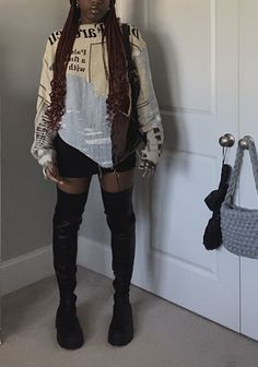 Style Thigh High Boots Outfit, Thigh High Boots Mini Skirt, Winter Outfits With Thigh High Boots, Woven Tapestry Sweater, Mini Skirt And Thigh High Boots Outfit, Mini Skirt Outfit Ideas Black Women, Mini Skirt Thigh High Boots Outfit, Sweater Skirt Outfit Black Women, Tapestry Skirt Outfit