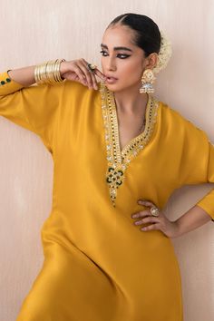 Yellow kaftan with bead sequin embellished floral motifs. Comes with pant. - Aza Fashions V-neck Kaftan With Dabka Work For Wedding, V-neck Embellished Kurta For Wedding, Elegant V-neck Kaftan For Festivals, V-neck Sets With Gota Work For Eid, Festive V-neck Wedding Kaftan, Embellished V-neck Kurta For Party, Elegant V-neck Palazzo Set For Diwali, Diwali V-neck Sets With Mirror Work, Gold V-neck Sets For Festive Occasions