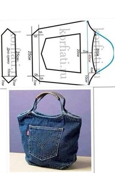 an image of a handbag made out of jeans and the measurements are shown below